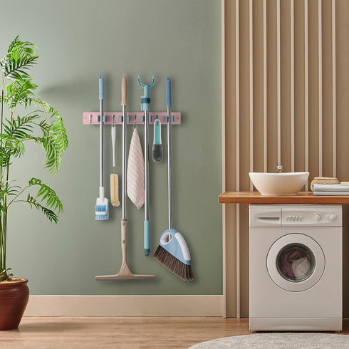 Pink Mop Broom Holder Wall Mount with 4 Slots & 4 Hooks - Wood Broom Mop Hanger for Pantry Closet Laundry Room Kitchen Organization - Pink Kitchen...