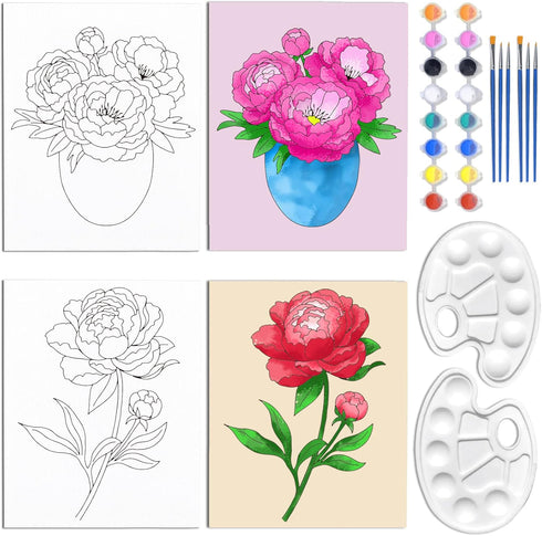 2 Pack 8x10 Pre Drawn Canvas Painting Kit, Beautiful Peony Flower Vase Paint Party Kits for Kids and Adults, Easy DIY Acrylic Painting on Canvas...