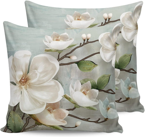 Waterproof Pillow Covers for Couch Throw Pillow Cases Set of 2, Farmhouse White Magnolia Flower Decorative Cushion Pillow Covers 18x18In,Indoor Ou...