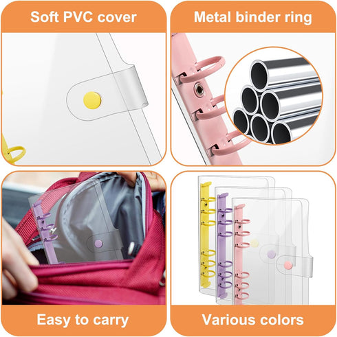 3 Pack A6 Soft PVC 6-Ring Binder Cover Clear Budget Binder Clear A6 6-Hole Planner Binder Cover Yellow Purple Pink Round Ring Binder Cover for Ref...