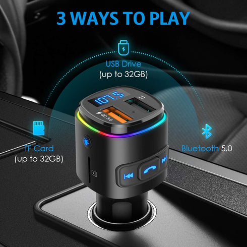 Upgraded Criacr V5.0 Bluetooth FM Transmitter for Car, QC3.0 Charge & 7 RGB Color LED Backlit Wireless FM Radio Car Adapter, Support Siri Google A...
