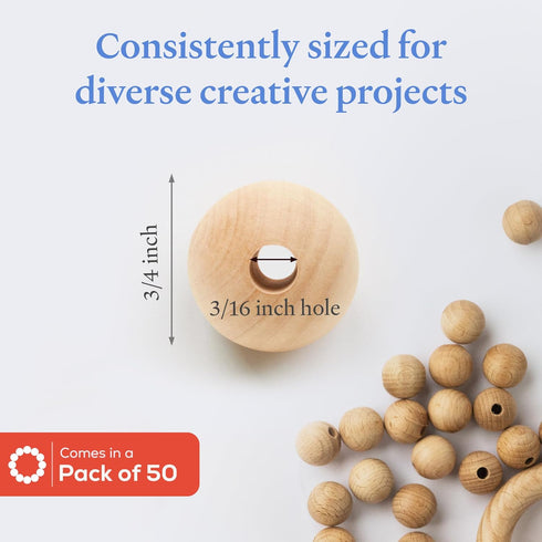 Large Wooden Beads for Crafts - Pack of 50 19mm 3/4 x 3/16 Inch Hole Large Wood Beads for Crafts withHoles for DIY | Round Wooden Balls for Crafts...