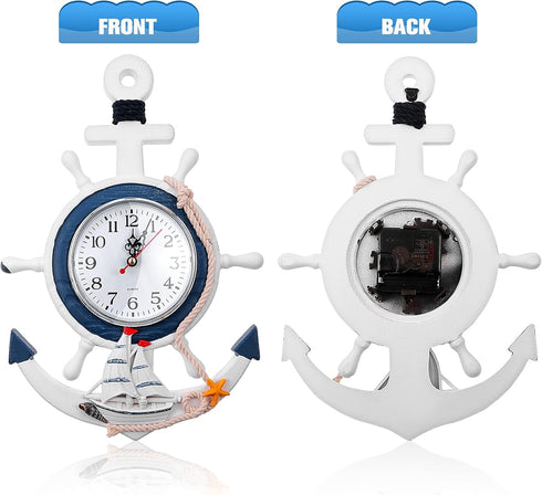 Sea Theme Nautical Anchor Steering Wheel Fishing Net Wall Clock Suit for Hanging Decoration Ornament Shelf Stand Wall Mounted...