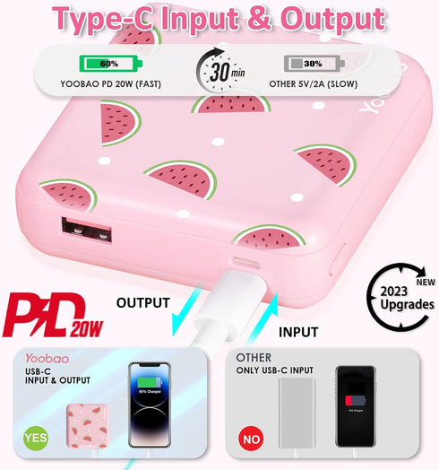 Yoobao Portable Charger, PD 20W USB-C in&Out Power Bank 10000mAh Super Fast Charging, Cute Stuff for Girls Kids Travel, Mini Phone Battery Pack fo...