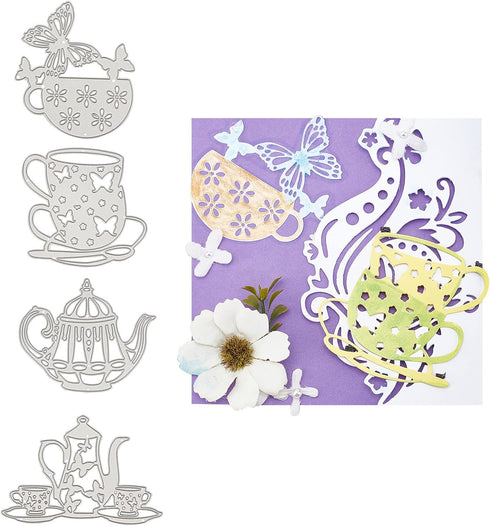 GLOBLELAND 4Pcs Metal Teapot Tea Cup Cutting Dies Tea Cup with Butterfly Stencil Template for Tea Party Invitations Scrapbook Embossing Christmas ...