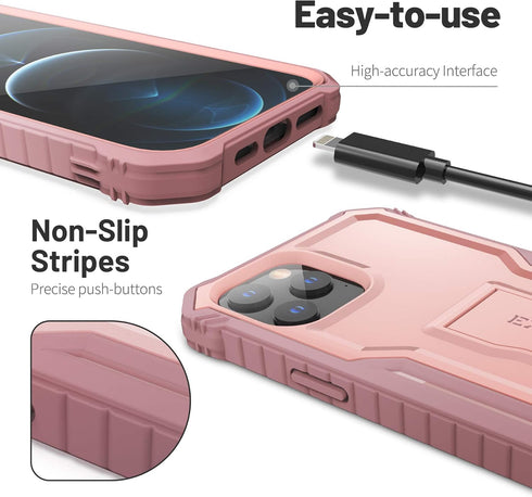ExoGuard for iPhone 12 Case, Compatible with iPhone 12 Pro, Rubber Shockproof Full-Body Cover with Built-in Screen Protector and Kickstand - Pink...