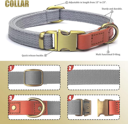 QRDA Dog Collar and Leash Set Silver Gray Adjustable Durable Nylon Pet Collars with Leashes Tactical Dog Leash Breakaway Dog Collar for Small/Medi...