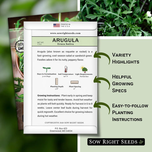 Sow Right Seeds - Arugula Seeds for Planting - Non-GMO Heirloom Seeds with Instructions to Plant a Home Vegetable Garden - Indoors, Hydroponics or...