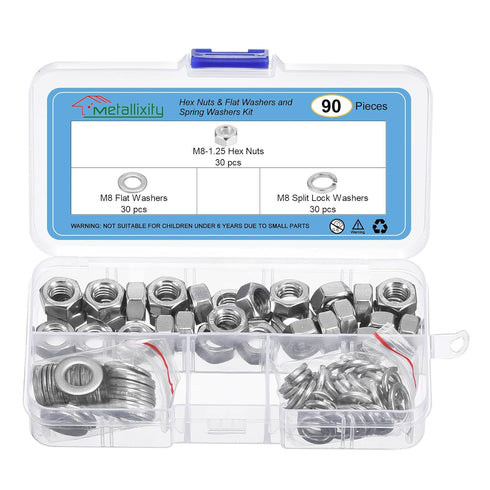 Hex Nuts Assortment Kit (M8-1.25 Hex Nuts with M8 Flat Washers & Split Lock Washers) 90Pcs, 304 Stainless Steel Hexagon Nut Hardware Kit...