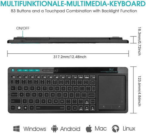 Rii K18 Plus Wireless 3-LED Color Backlit Multimedia Keyboard with Multi-Touch Big Size Trackpad,Rechargable Keyboard for Android TV Box,PC,Smart ...