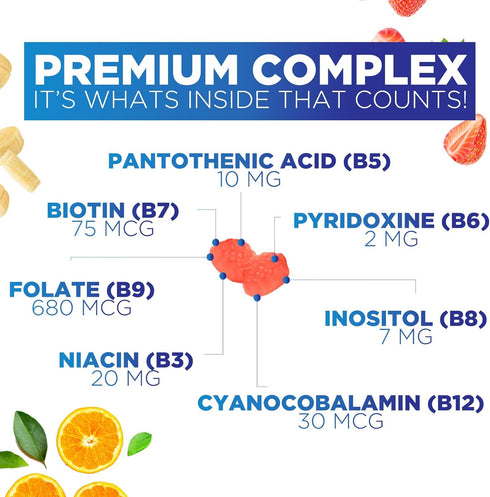 Super B Complex Gummies with Vitamin C & Folic Acid, Extra Strength Vitamin B Gummy Supplement with Niacin, B6, Folic Acid, B12, Biotin, Nature's ...