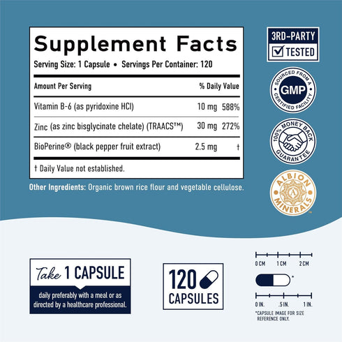 Chelated Zinc Supplements | Zinc Glycinate 30mg | Highly-Absorbable TRAACS Chelated Zinc Bisglycinate, Vitamin B6 & BioPerine | Immune Support, Ac...