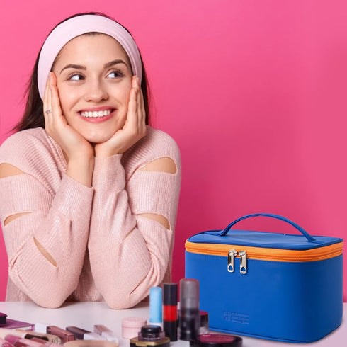 Makeup Bag Portable Travel Cosmetic Bag for Women, Beauty Zipper Makeup Organizer PU Leather Washable Waterproof (Blue)...