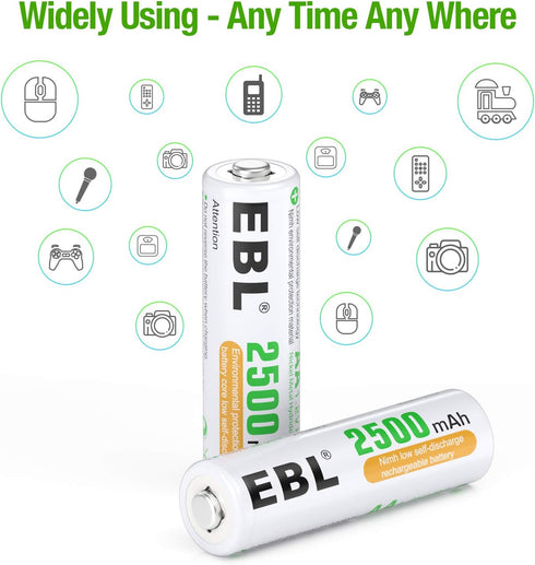 EBL AA Rechargeable Batteries 1.2V 2500mAh High Performance Pre-charged AA Batteries - 8 Pack...