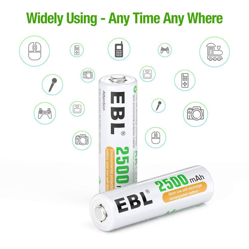 EBL 10 Counts AA Batteries 2500mAh 1.2V High Performance Precharged Ni-MH AA Rechargeable Batteries...
