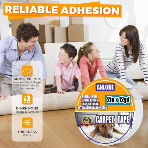Double Sided Carpet Tape for Area Rugs -Rug Tape 2 Inch x 12 Yards - Residue-Free Heavy Duty Rug Tape Gripper for Hardwood Floors?Removable,...