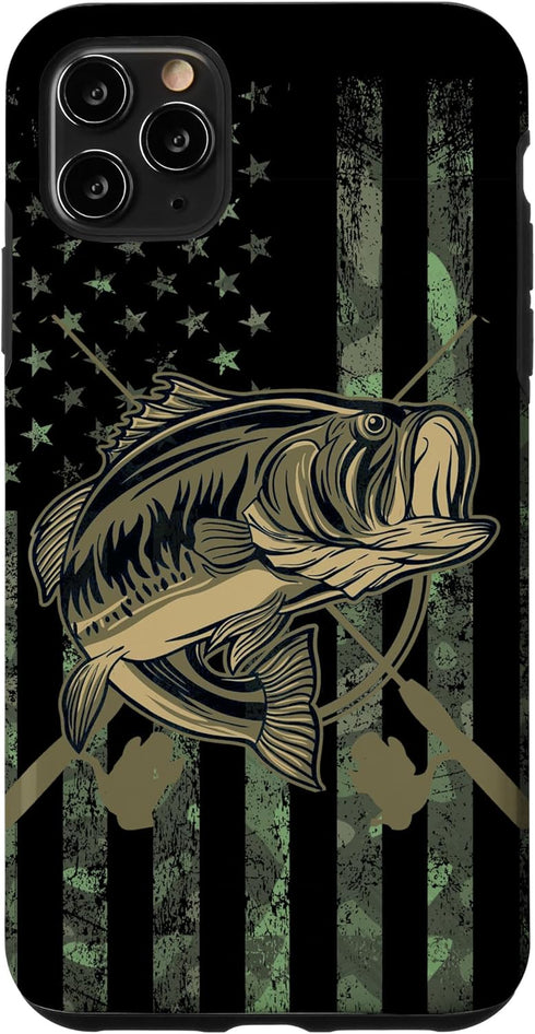 Camo American Flag Bass Fishing Gift Love Fishing Fisherman Case for iPhone 11 Pro Max...