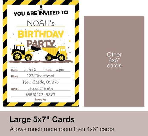 Papery Pop Construction Trucks Birthday Invitations with Envelopes (15 Count) - Kids Birthday Party Invitations for Boys - Tractor...