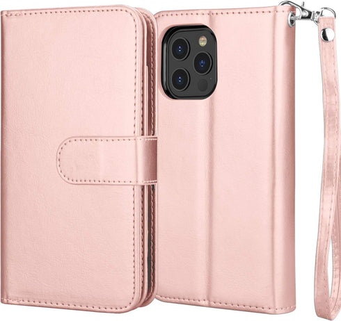 Njjex iPhone 12 Mini Wallet Case (2020) - 9 Card Slots, PU Leather, Detachable Kickstand, Magnetic Cover & Lanyard, Rose Gold...