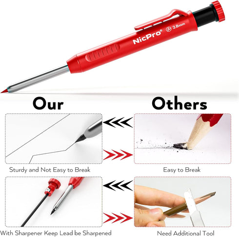 Nicpro 3 Pack Carpenter Pencil with Sharpener, Mechanical Carpenter Pencils with 39 Refills, Deep Hole Marker Construction Heavy Duty Woodworking ...