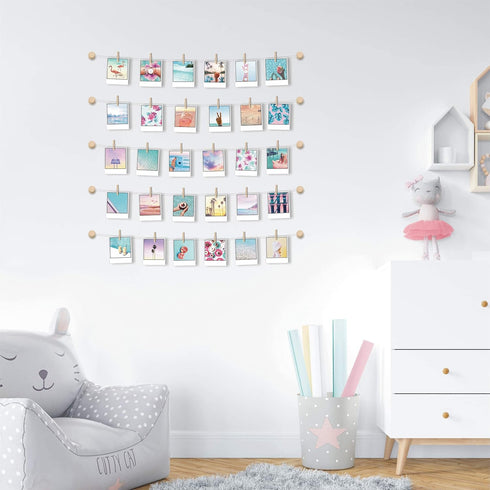 BIZYAC Hanging Photo Display Room Wall Decor - Sculptural Picture Frames Collage - 5 Strings with 30 Clips - 3M Self Adhesive Hooks - No Holes Dri...