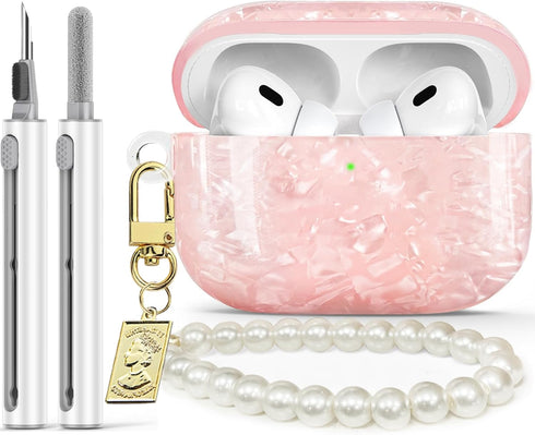 Airpods Pro 2nd Generation Case with Shell Pattern, Cute Airpods Pro Case with Luxury Pearl Keychain, TPU Airpods Pro Case Cover with Cleaning Pen...