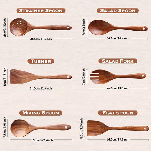 Wooden Spoons for Cooking, 6 Pcs Wooden Utensils for Cooking, Natural Teak Wood Non-Stick Cooking Spoons, Wood Utensils Set for Kitchen...