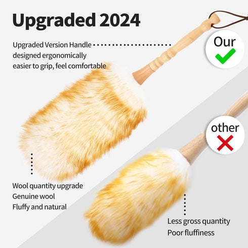 Lambswool Duster,with Solid Wooden Handle,Leather Hang Strap,Flexible Head, Comfortable Grips 19.6 inchs Long Natural Feathers Duster for Cleaning...