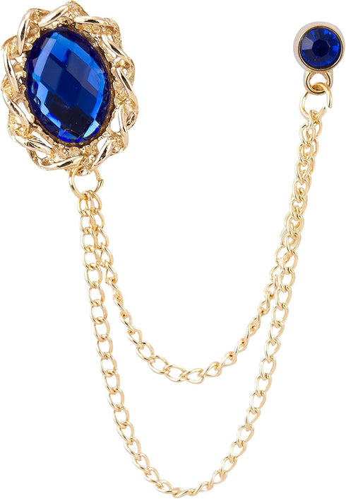 Knighthood Brooch Pin Royal Blue Shimmer Stone With Gold Chain Outlay Tassel Suit Collar Brooch Lapel pin Crystal Brooch Suit Stud Lapel Pin Vinta...