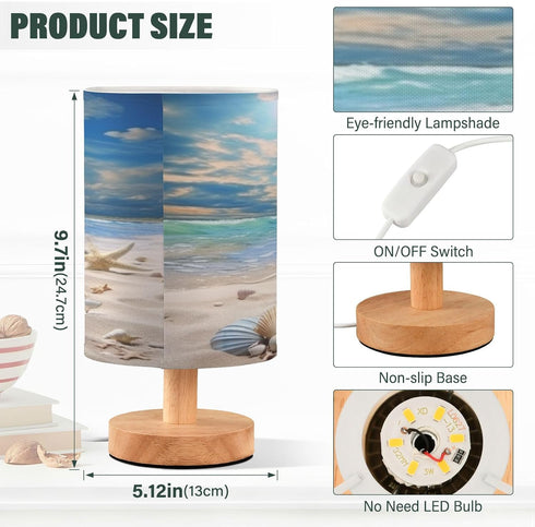 Starfish Summer Beach Bedside Table Lamp for Bedroom Nightstand, Small Eye Care LED Desk Reading Lamp USB Port Wood Base Round Flaxen Fabric Shade...