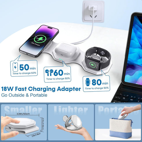 3 in 1 Wireless Charger for iPhone MagSafe Foldable - Magnetic Travel 18W Fast Charging Station Soft Silicone Sleep-Friendly Portable Charger Stan...