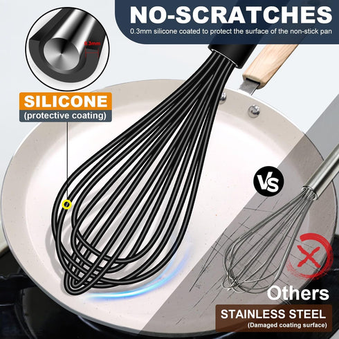 Whisk,Silicone Whisks for Cooking non Scratch Protect your ceramics from sticking to pots and pans.7+9+11in wisk.Perfect for Blending, Whisking, B...