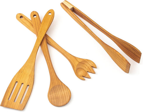 tuuli Kitchen - 4-Piece Wooden Cooking Utensils Set, Solid Cherry Wood (BBQ Tongs, Kitchen Spoon, Fork and Spatula), Durable Wooden Utensils for E...