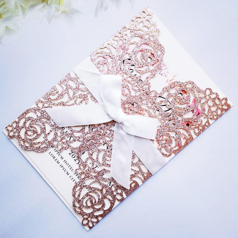 20PCS Laser Cut Wedding Invitations Cards 5“ x 7.28” Hollow Rose with Ivory Ribbons for Bridal Shower Engagement Birthday Graduation Invitation, B...