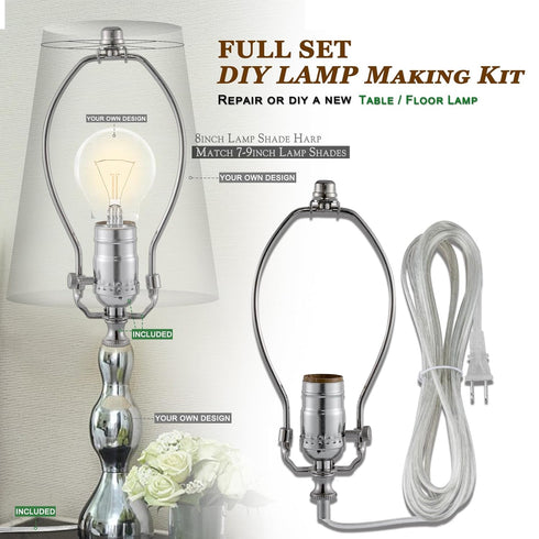 Lamp Making Kit,Make a Lamp or Repair Kit,3-Way Lamp Socket with Matching Cord Lamp Harp Set,Lamp Wiring Kit for Table Floor Lamp,Essential Hardwa...