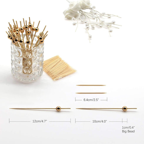 Minisland Gold Pearl Cocktail Picks, 4.7 Inch Long Bamboo Fancy Toothpicks for Appetizers, Decorative Christmas New Year Holiday Party Food Drink ...