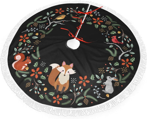 Forest Wreath Christmas Animal Fox Christmas Tree Skirt Gorgeous Edge Tassel Lace for 36" Xmas Ornaments Decoration...