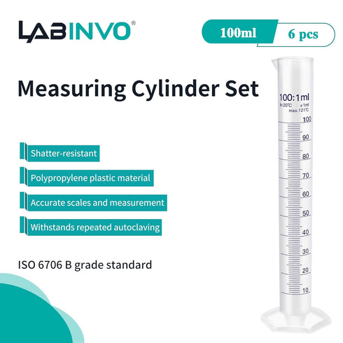 100 mL Graduated Cylinder Set, 6pcs of Blue Printed Plastic Measuring Cylinder, Hexagonal Base, with Spout, IN-MC100...