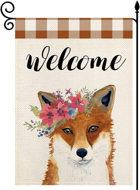 Welcome Cute Fox Garden Flag Double Sided Vertical, Autumn Halloween Buffalo Check Plaid Burlap Seasonal Yard Signs Outdoor Decor 12.5 X 18 Inch...