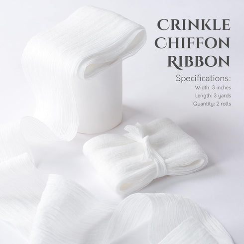 White Chiffon Crinkle Ribbon 3 inch Handmade Fabric Silk Ribbon for Bridal Flower Bouquet Wedding Decor Gift Wrapping 2 Rolls 6 Yd...