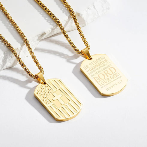 DuoDiner American Dog Tag Necklace Bible Verse Pendant, Men Stainless Steel Cross Patriotic Flag Jewelry Gift 24 Inches Chain...