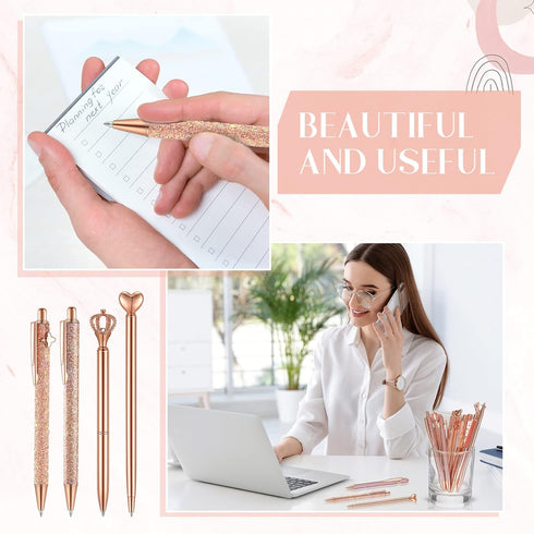 9 Pcs Rose Gold Ballpoint Pens Set with Metal Crystal Diamond Design for Women - Fancy Pens for Journaling, Writing, Gifts...