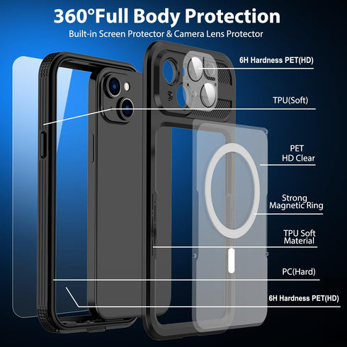 for iPhone 15 Waterproof Case, Built-in Screen Protector, Shockproof, Snowproof, Dustproof, Full Body Protective Cover for iPhone 15 Compatible wi...
