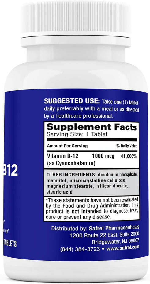 Safrel Vitamin B12, Supports Energy Metabolism, Tablets, 1000mcg, 200 Ct, Provides Energy, Metabolism and Nervous System Health Support | Vegan, G...