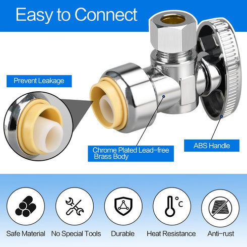 1/2/5/10/20pcs Stop Valves, 1/2" × 3/8" Angle Stop Valve, 1/2" PTC Input, 3/8" OD Compression Output, Push to Connect, 1/4 Turn, Chrome Plated Bra...