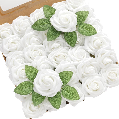 DerBlue 60pcs Artificial Roses Flowers with stem and 10pcs Green Leaves Real Looking Fake Roses Artificial Foam Roses Decoration DIY for Wedding,A...