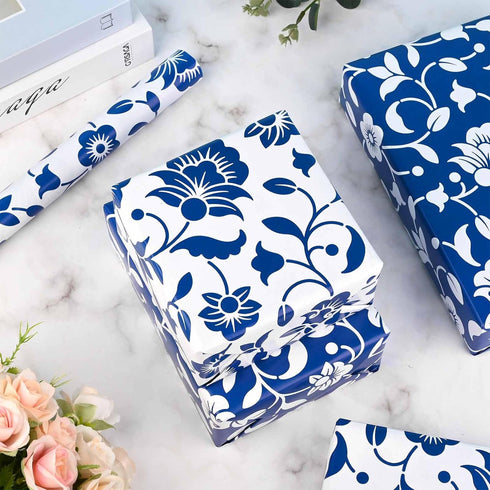Bolsome 12 Sheets Blue Floral Wrapping Paper Blue White Flowers Patterned Gift Wrap Paper Chinoiserie Art Paper for Bridal Shower Wedding Spring T...