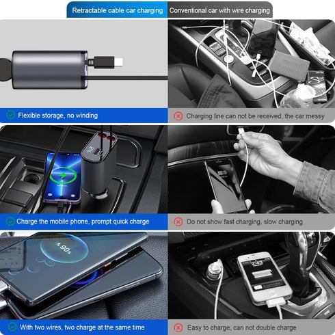 Retractable Car Charger, 4 in 1 Fast Cell Phone Automobile Chargers, with 2.7ft Retractable Cables and 2 USB Ports, Compatible with iPhone15/14/13...