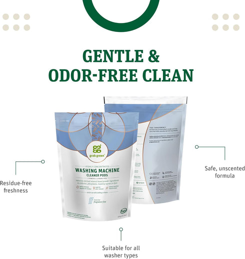 Grab Green Washing Machine and Dishwasher Cleaner Pods - Fragrance Free, 5 Cleaning Pods...