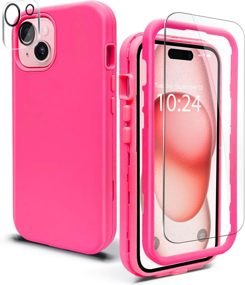 Coolwee Full Body Protective Hybrid 3 Layers Rugged for iPhone 15 Hot Pink Case - 6.1 inch, Heavy Duty Shockproof for Girls with Camera & Screen P...